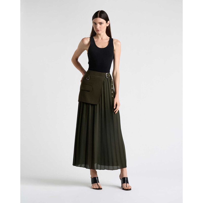 Cue Olivine Viscose Twill Pleated Midi Skirt image number 3